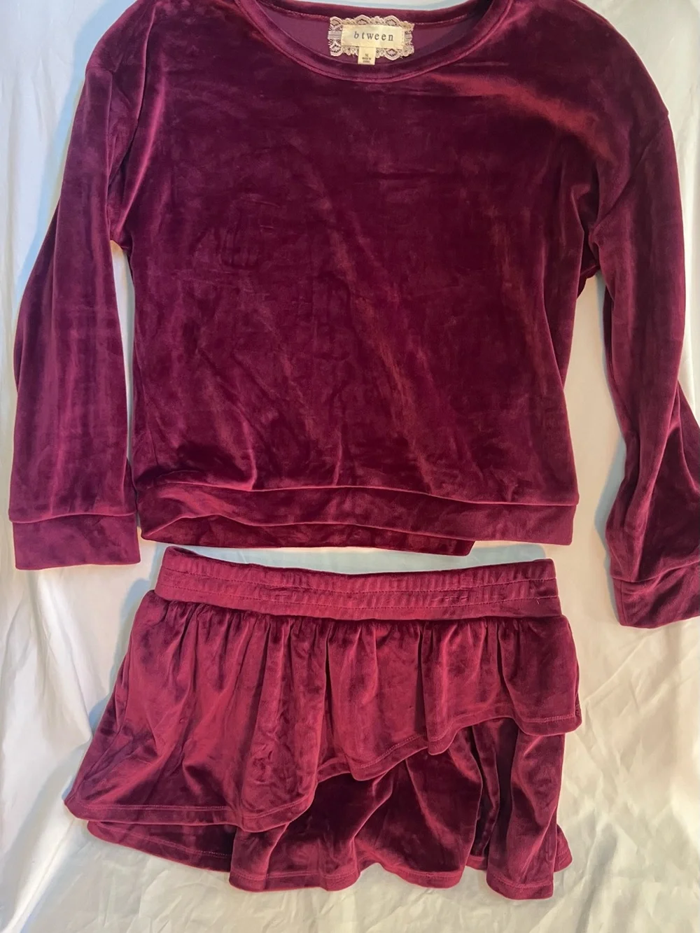 btween Y2K Burgundy Velvet Ruffle Skirt Set Size 14